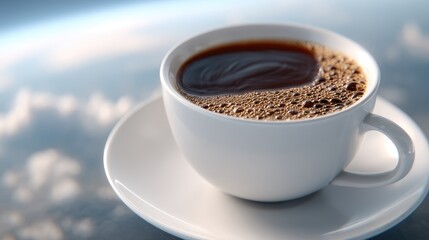 Fototapeta premium Enjoying a cup of coffee while gazing at Earth from a space station, showcasing a breathtaking, hyper-realistic sci-fi environment