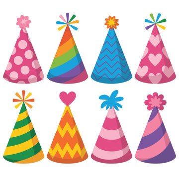 Collection of eight colorful and festive party hats for celebrations