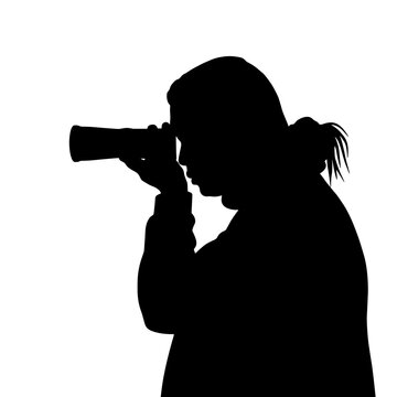 recommend clip art: Photographer silhouette using professional camera, picture shows cameraman with telephoto lens. Photographer silhouette illustrates passion and expertise, essential tool for capturing memori