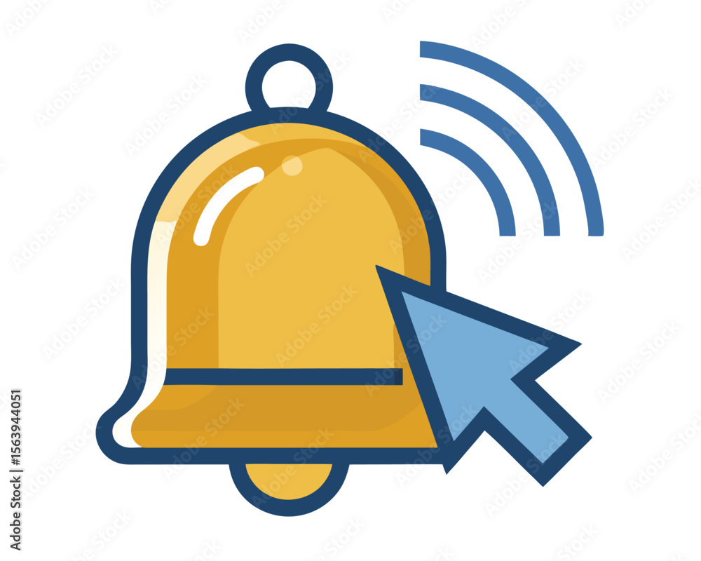 Poster a stylized bell icon with a cursor indicating a notification or alert and sound waves in blue.