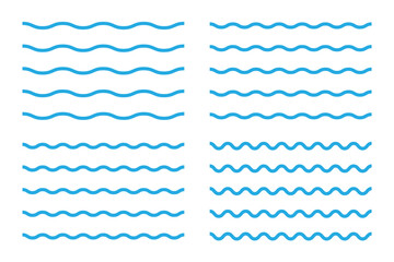 Wave line set. Vector water waves. Set of wavy zigzag lines. Simple undulate borders, transverse horizontal lines. Sine, fluid, air, wind sign.