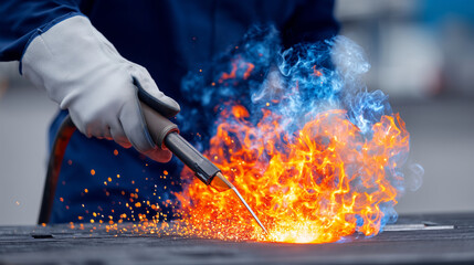 Obraz premium Close-up of gloved hands and welding torch, fiery glow reflecting on gear in shadowy shop