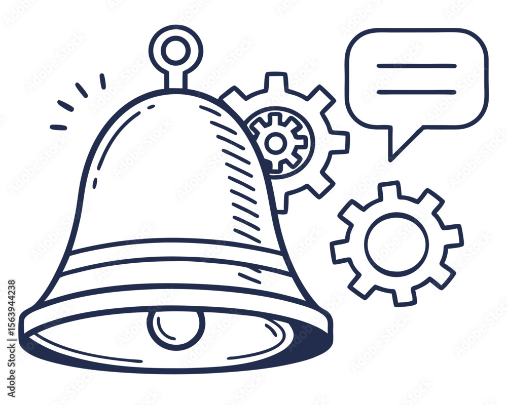 Poster illustration of a ringing bell with gears and a speech bubble representing notification and settings