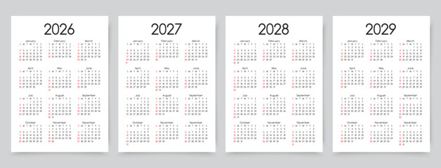 2026, 2027, 2028, 2029 calendars for year. Calender templates. Week starts Sunday. Organizer with 12 month in English. Scheduler layout. Simple planner. Portrait orientation, A4. Vector illustration
