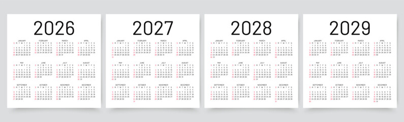 2026, 2027, 2028, 2029 calendars. Calender templates. Week starts Sunday. Desk planner layout. Yearly organizer in English. Set of grids with 12 month. Vector illustration. Square simple design.