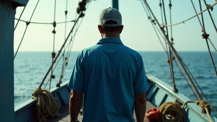 Fisherman Facing Ocean From Fishing Boat