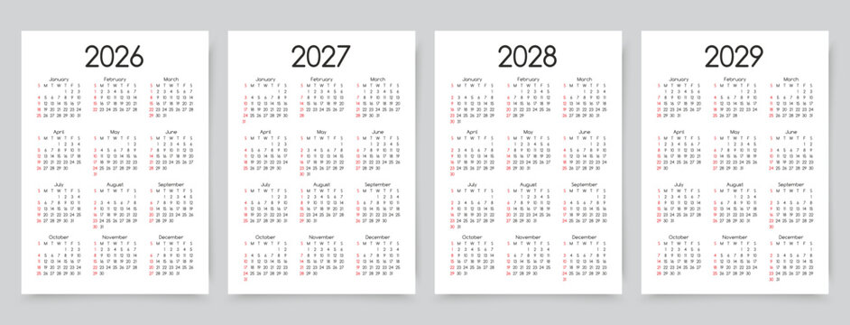 2026, 2027, 2028, 2029 calendars for year. Calender templates. Week starts Sunday. Organizer with 12 month in English. Scheduler layout. Simple planner. Portrait orientation, A4. Vector illustration