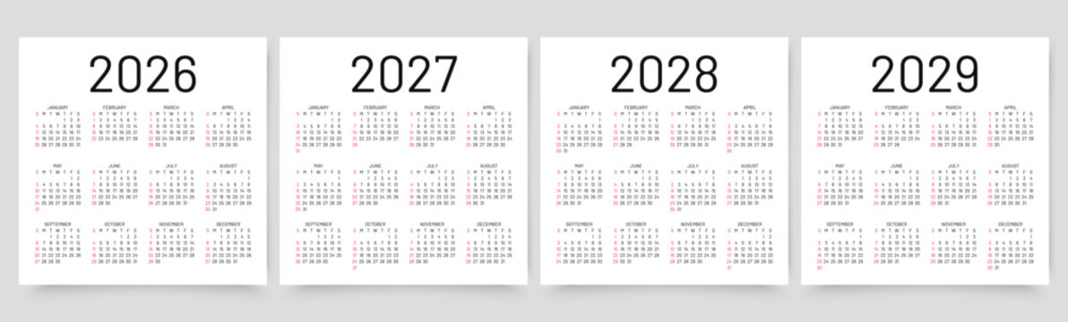 2026, 2027, 2028, 2029 calendars. Calender templates. Week starts Sunday. Desk planner layout. Yearly organizer in English. Set of grids with 12 month. Vector illustration. Square simple design.