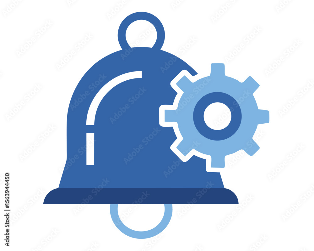 Poster blue bell icon with gear symbol representing notification settings and configuration for systems. be