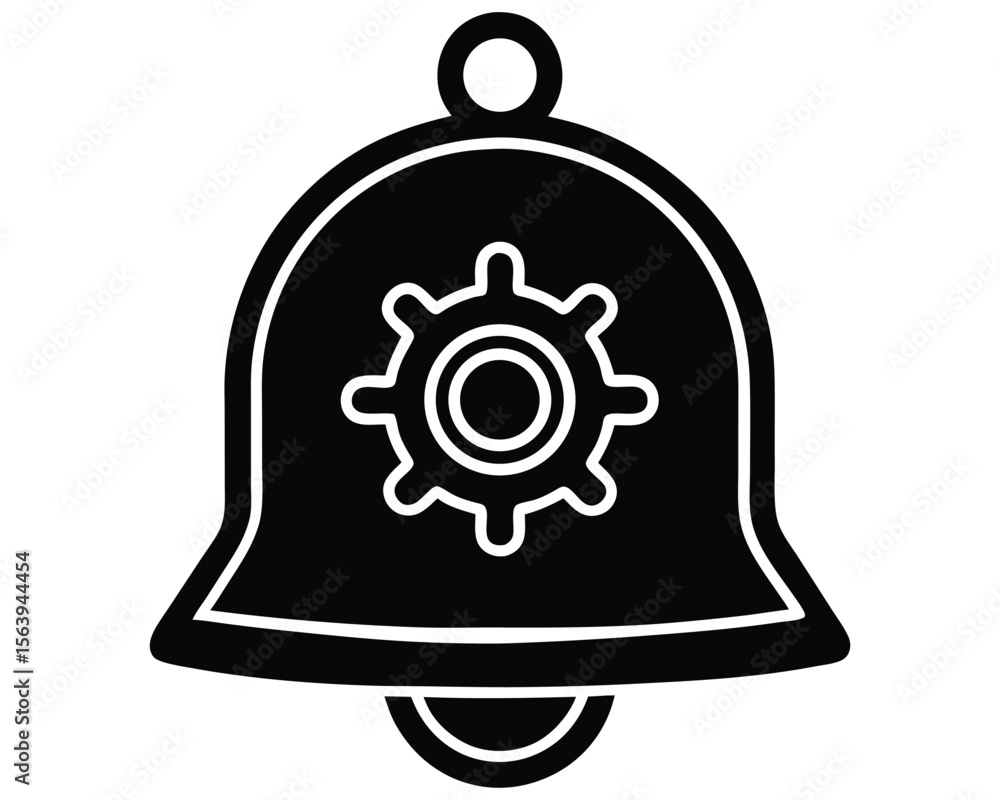 Poster black and white icon of a bell with a gear inside representing notifications and settings.