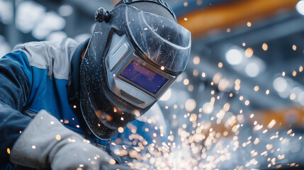 Industrial welder masked in PPE, steel bursts under arc, machinery parts glowing orange