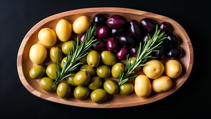 Assorted Olives On Wooden Tray, Overhead