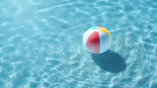 Colorful beach ball floating clear blue water pool with gentle ripples and sunlight reflections creating calm refreshing summer