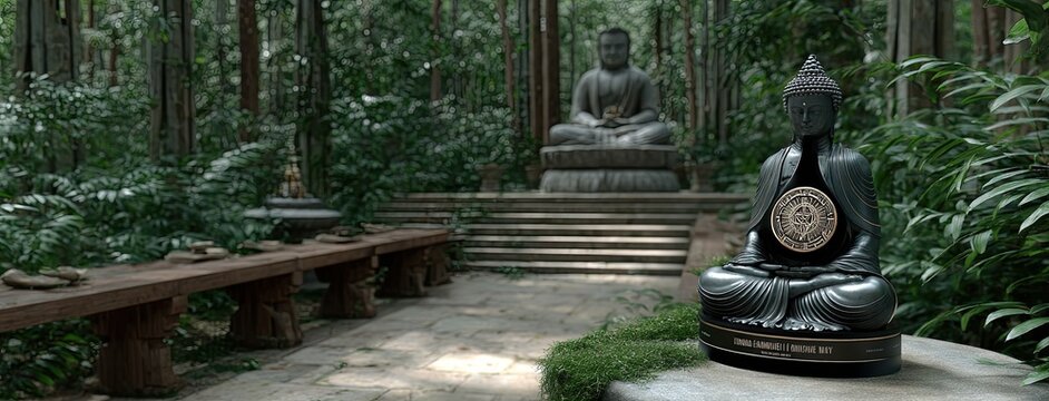 A moss-covered wine bottle is showcased in a tranquil forest setting surrounded by Japanese Buddha statues and vibrant green plants