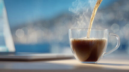 Pouring coffee at sunlit desk, soft-focus tech in background, steam rising calmly