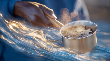 Hand stirs steaming black coffee in metal mug, ripples glinting in warm light