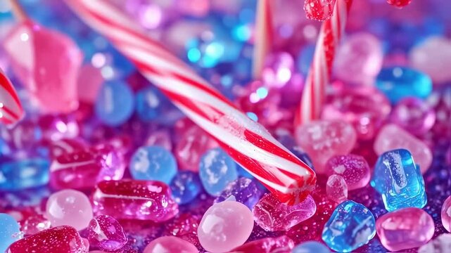 Candy deluge: colorful confectionery cascade with striped peppermint dropping onto glossy sweets
