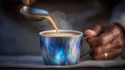 Close-up of hand mixing hot coffee, metallic mug reflecting soft ambient light