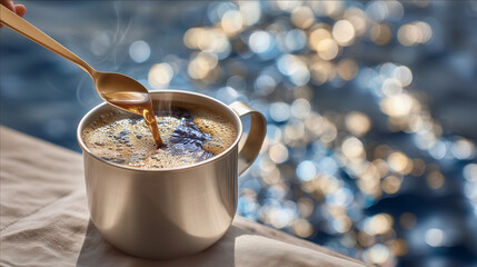 Hand stirs steaming black coffee in metal mug, ripples glinting in warm light