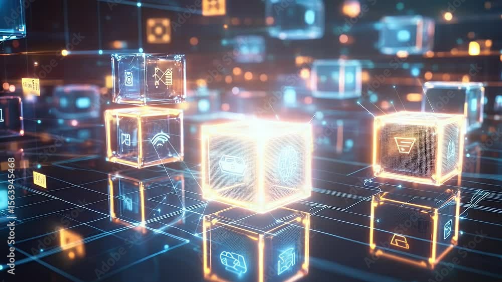 Poster digital cubes with glowing circuitry floating in a virtual space depicting data processing and netwo