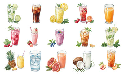 Watercolor Vector Set of Summer Drinks, Fresh Juices, Smoothies and Cocktails