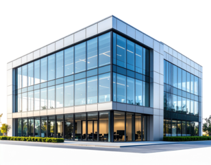 Minimalist Modern Glass Office Building, Front View, Isolated on a Transparent Background