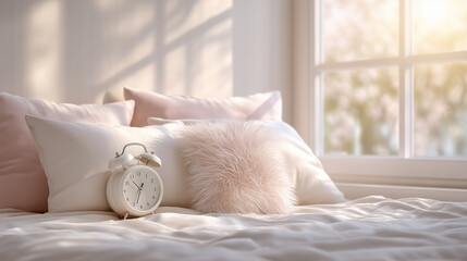 Sunlit bedroom with white alarm clock on nightstand, soft pillows glowing in natural light