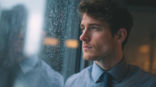 A man gazing out a rain-covered window, lost in thought, moody atmosphere, reflective moment, rainy day indoors, calm, introspective, emotional, peaceful scene.