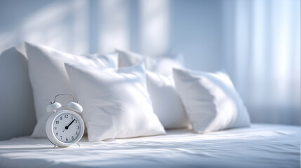 Sunlit bedroom with white alarm clock on nightstand, soft pillows glowing in natural light