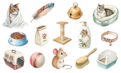 Watercolor Vector Set of Cat Accessories, Toys, Food, and Supplies for Pets