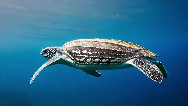 Leatherback sea turtle swimming gracefully underwater in clear blue ocean water.