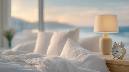 Soft morning light fills airy room, bedside clock and warm lamp frame white bedding