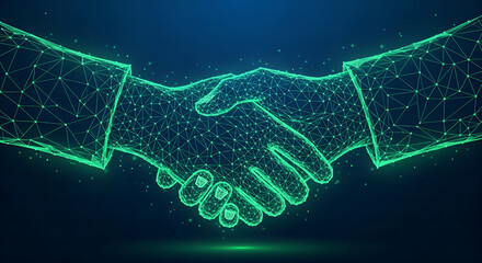 3D green digital handshake made with connected lines and dots – blockchain smart contract, fintech partnership, AI technology, online agreement concept