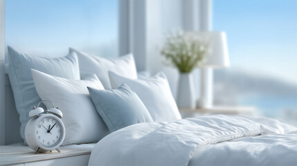 White duvet and pillows lit by daylight, alarm clock and lamp create cozy mood