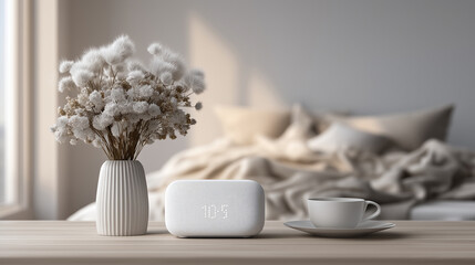 Minimalist bedroom, alarm clock on table, layered whites glowing under warm ambient light