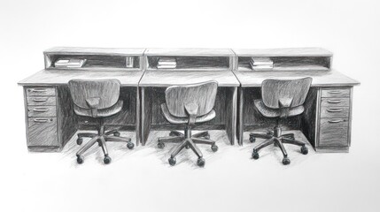 Row of office desks and chairs drawn in graphite pencil.