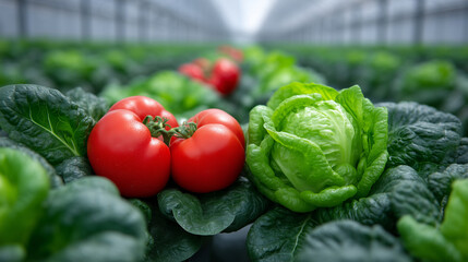 Vibrant garden beds in greenhouse, ripe tomatoes and leafy greens in neat lines