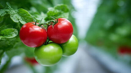 Vibrant garden beds in greenhouse, ripe tomatoes and leafy greens in neat lines