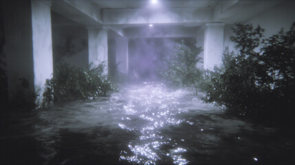 Eerie Room with Faded Lights, Plant Overgrowth, and VHS Texture