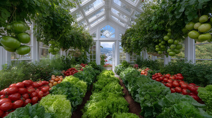 Healthy garden scene, crisp greens and ripe tomatoes thriving in warm greenhouse light