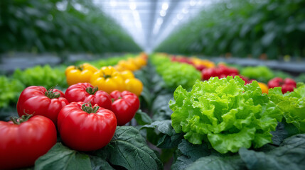 Vibrant garden beds in greenhouse, ripe tomatoes and leafy greens in neat lines