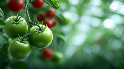 Healthy garden scene, crisp greens and ripe tomatoes thriving in warm greenhouse light