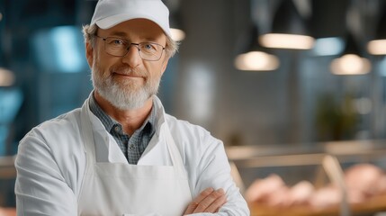 A middle-aged butcher with a friendly smile poses confidently with arms crossed, surrounded by a variety of quality meats in a shop