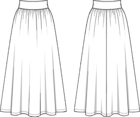 Fashion sketch, pleated skirt design, high-waisted garment, front and back views, stylish apparel, sewing pattern, fashion illustration, clothing construction, fashion concept, designer artwork
