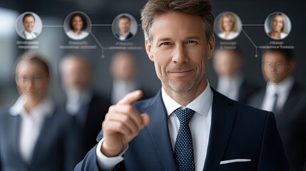 Businessman engages in a virtual conference with colleagues showcasing various locations and professional images in a digital setting