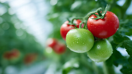 Healthy garden scene, crisp greens and ripe tomatoes thriving in warm greenhouse light