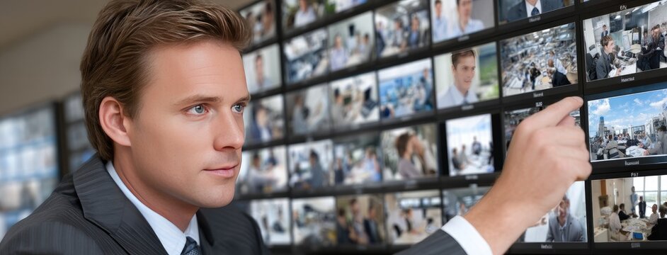 Businessman engages in a virtual conference with colleagues showcasing various locations and professional images in a digital setting