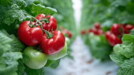 Flourishing vegetables in parallel rows, red tomatoes glowing under greenhouse canopy