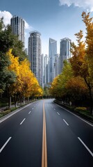 Obraz premium Colorful autumn foliage lines a vacant highway leading to a stunning urban skyline in sunny Seoul under clear blue skies