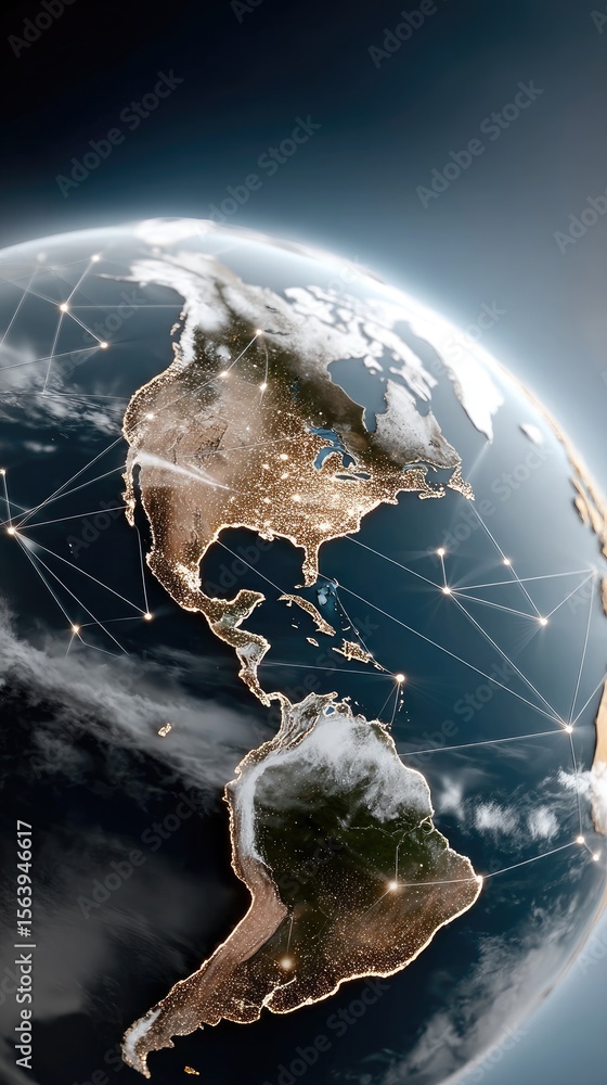 Poster visual representation of a futuristic global network with planet earth composed of glowing elements 